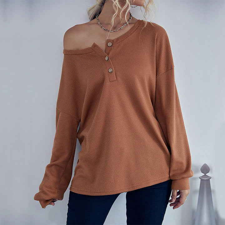 Damen Waffelstrick-Pullover mit Henley-Knopfleiste und überschnittener Schulter Echoarchiv