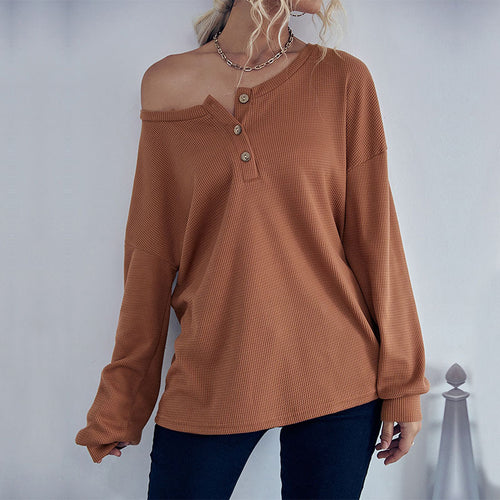 Damen Waffelstrick-Pullover mit Henley-Knopfleiste und überschnittener Schulter Echoarchiv