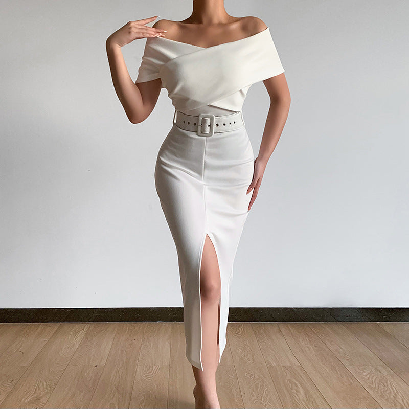Damen Off-Shoulder Maxikleid mit Taillengürtel und seitlichem Schlitz Echo Archiv