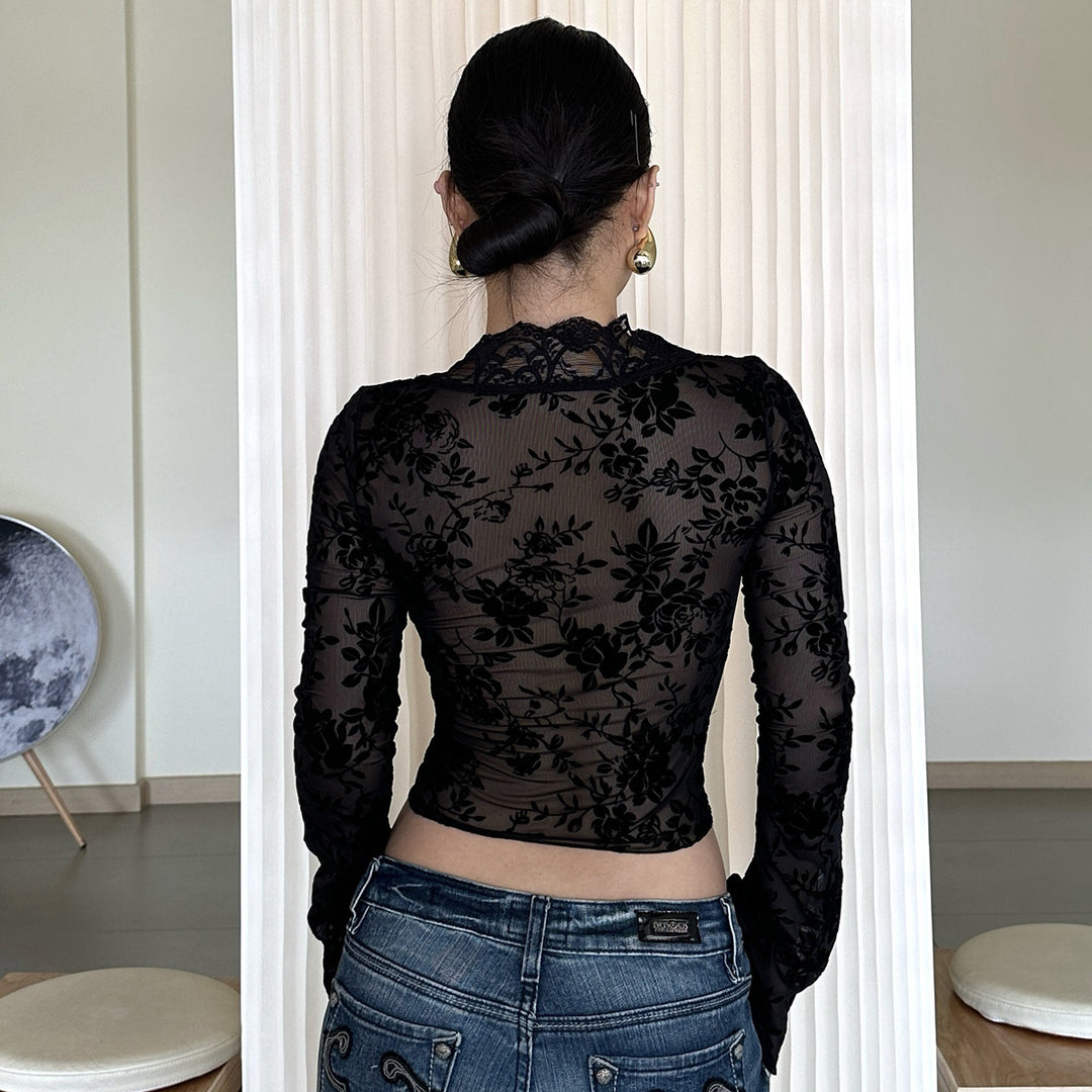 Damen Transparente Spitzenbluse mit Leopardenmuster Echo Archiv