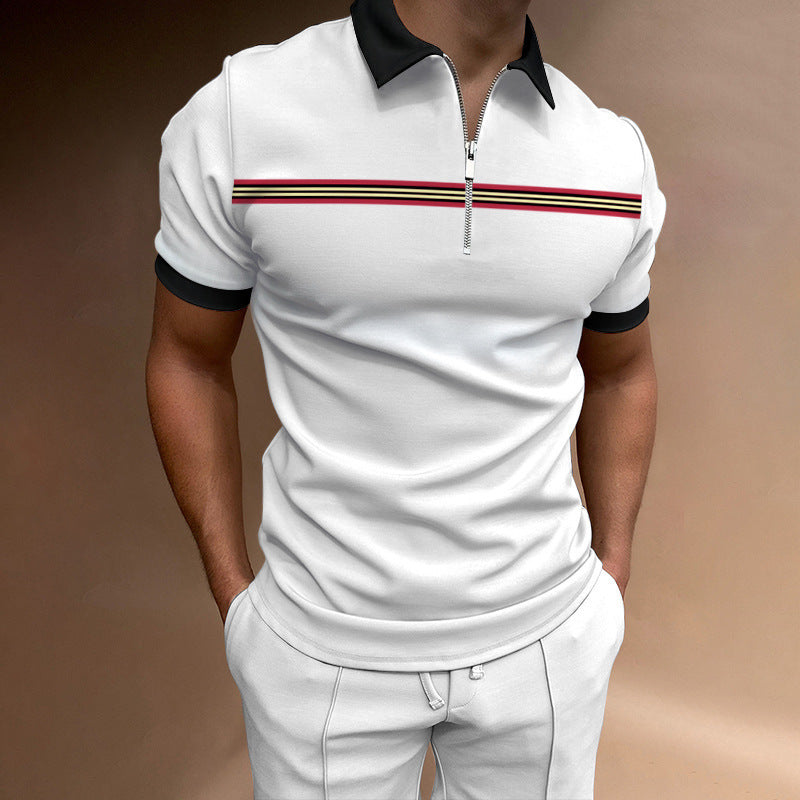 Herren lässiges Kurzarmpoloshirt mit Reißverschluss und sportlichem Streifenmuster Echoarchiv