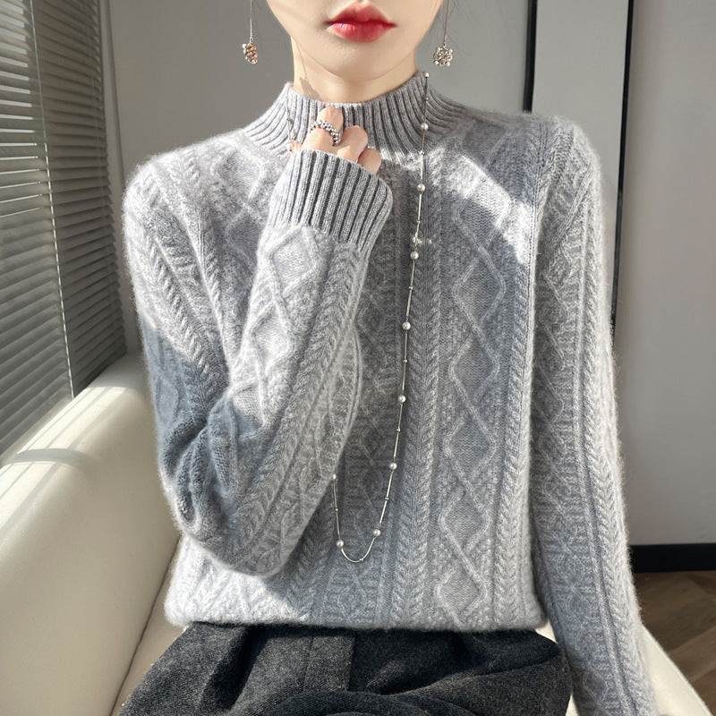 Damen Kuscheliger Mohair‑Optik Mockneckpullover mit Rautenzopfstruktur und kastiger Silhouette Echoarchiv