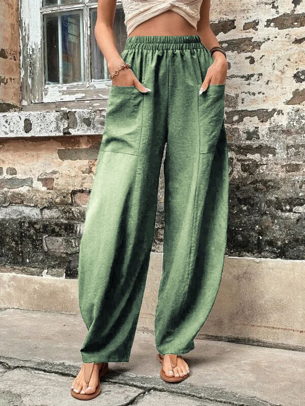 Damen Weite Leinenhose mit elastischem Bund, aufgesetzten Taschen und lässigem Harem-Schnitt Echoarchiv
