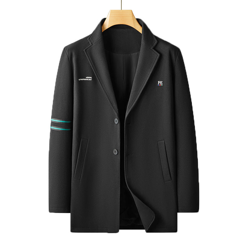 Herren Kurzer Wollmix-Mantel im Blazer-Stil mit Ärmelstreifen und minimaler Logostickerei – Tianoro