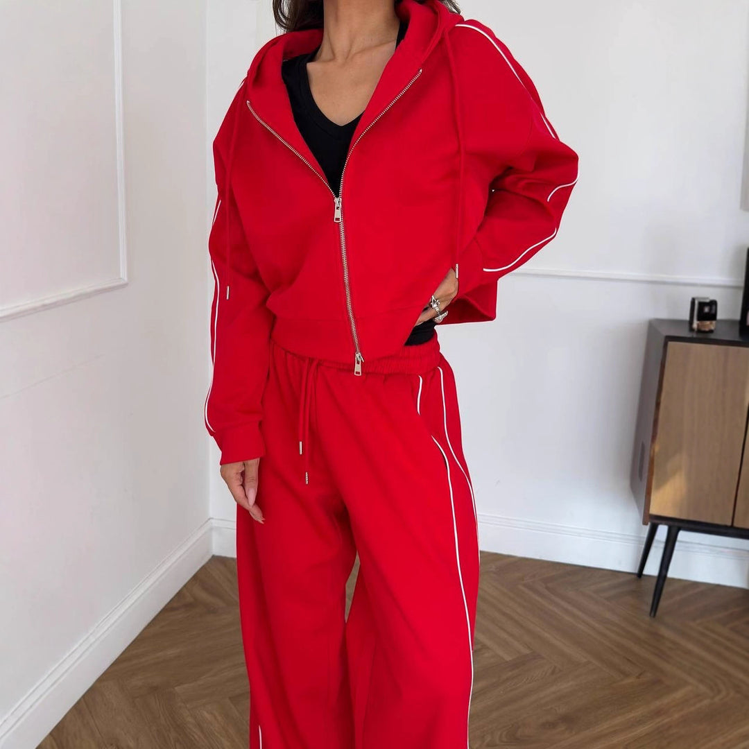 Damen Lässiges zweiteiliges Lounge-Set mit oversized Zipjacke und weitem Kordelzug-Hosenbund – Élanora