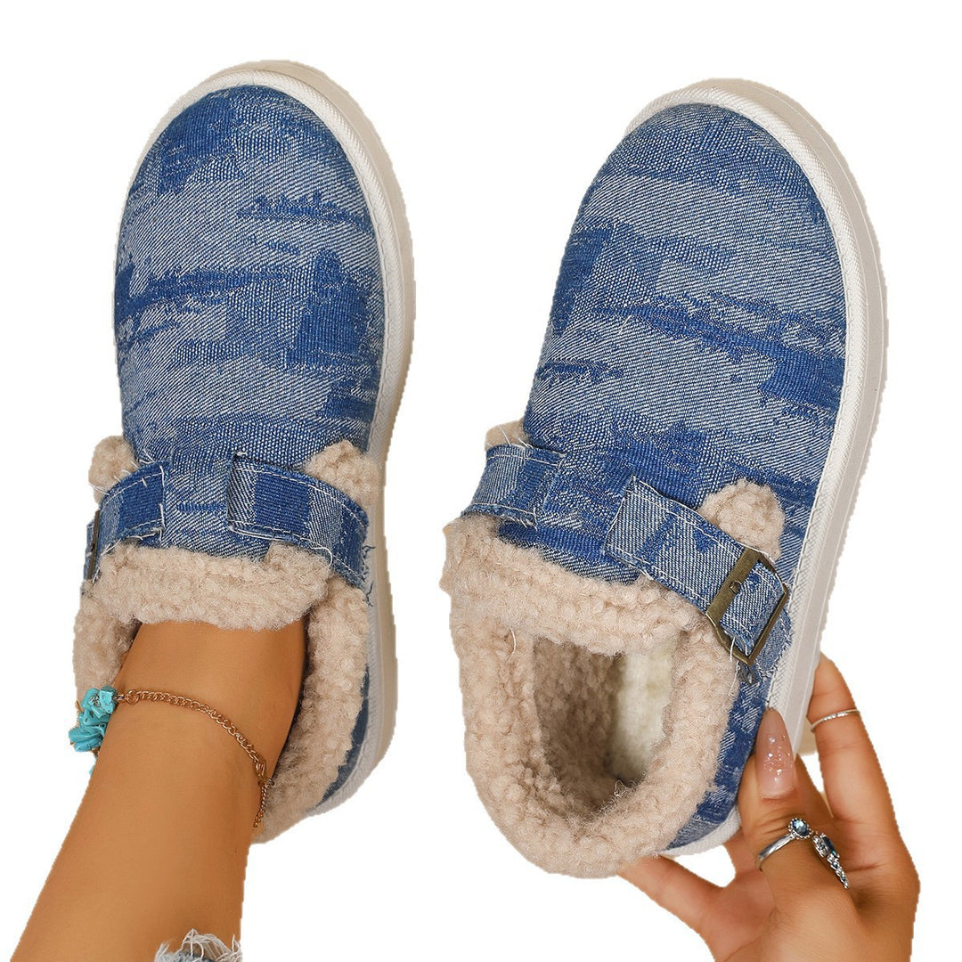 Damen Gefütterte Denim-Slip-On Hausschuhe mit Teddyfutter und verstellbarem Schnallenriemen Echo Archiv