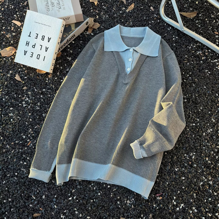Damen Oversized Polo-Feinstrickpullover mit Kontrastkragen und geripptem Saum Echoarchiv