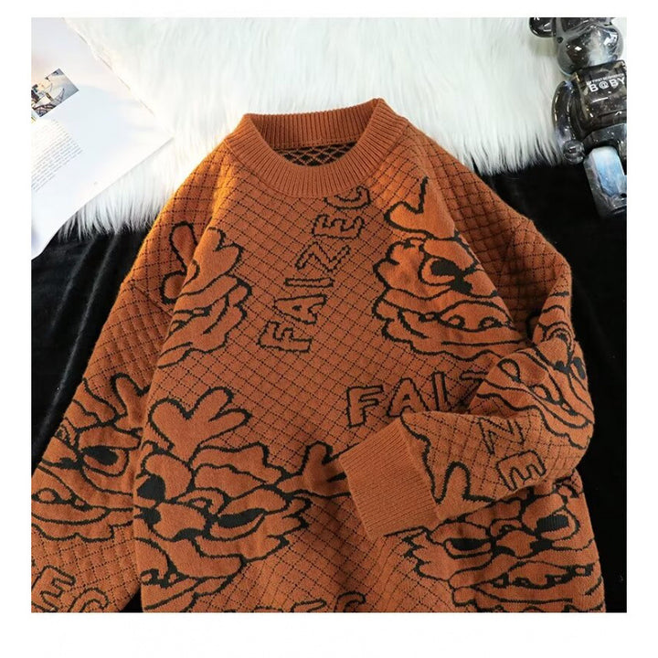 Unisex Oversized Jacquard-Strickpullover mit Allover-Motiv und Rippbündchen Echoarchiv