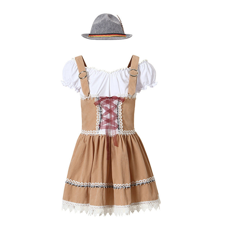 Damen nan bayerisch inspiriertes Minikleid mit geschnürter Korsage, Carmenbluse und Filzhut Echo Archiv