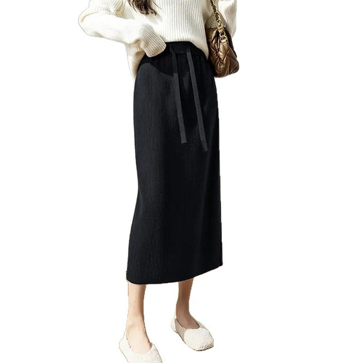 Damen Eleganter Rippstrick-Midirock mit Bindegürtel Echo Archiv