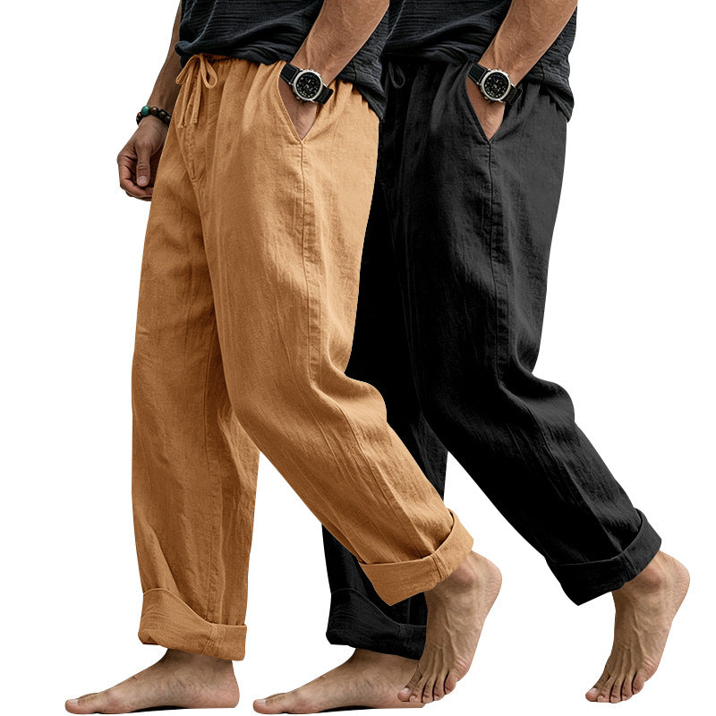 Herren Leinenmix-Loungehose mit elastischem Bund, Kordelzug und lockerer Passform Echoarchiv