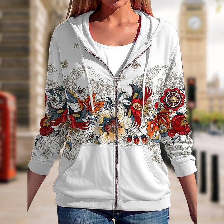 Damen Kapuzenjacke mit durchgehendem Reißverschluss und floraler Boho-Print-Optik – Avérine
