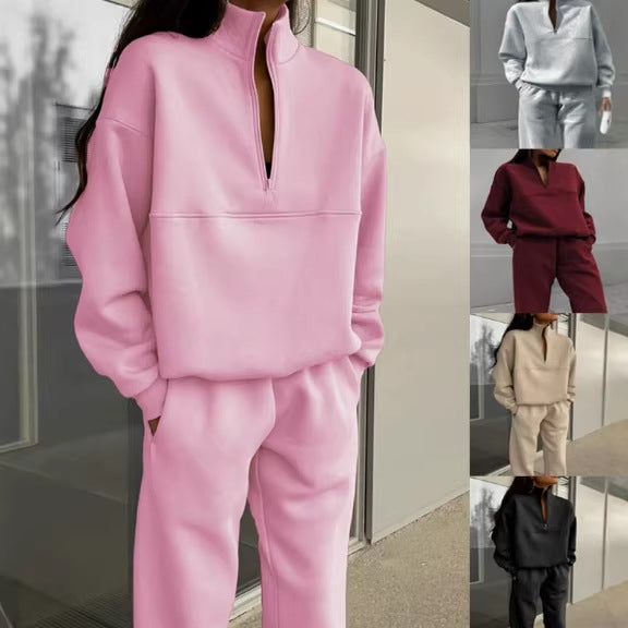Damen Oversize Sweat-Set mit halbem Reißverschluss, Stehkragen und lässiger Jogginghose Echo Archiv