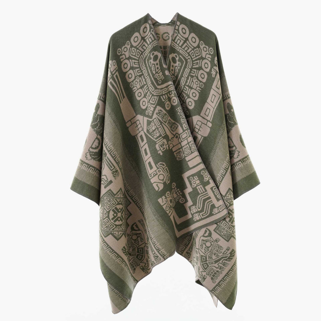 Damen Oversize‑Jacquard‑Wrapcape mit geometrischem Aztekenmuster – Célinea