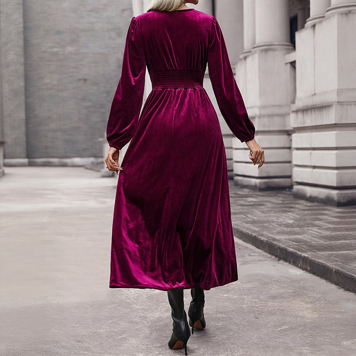 Damen Samt-Maxikleid mit V-Ausschnitt und Empire-Taille Echoarchiv