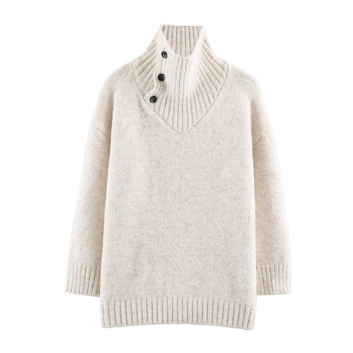 Damen Oversized Strickpullover mit hohem Rippkragen, Knopfdetail und V‑Ausschnitt Echoarchiv