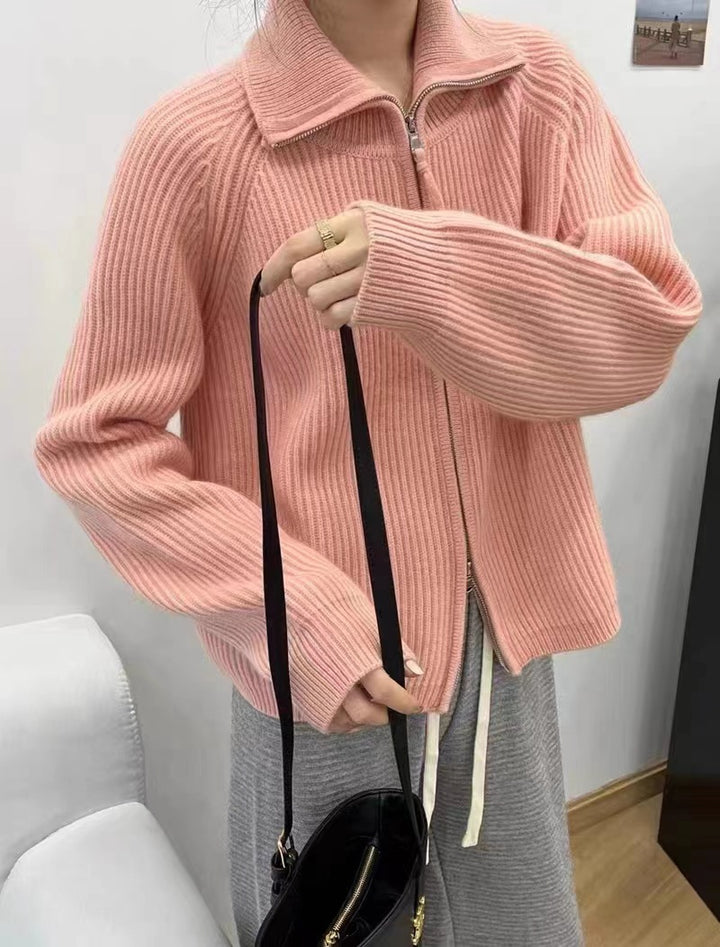 Damen Oversize-Strickjacke mit Reißverschluss, Stehkragen und gerippter Struktur Echoarchiv