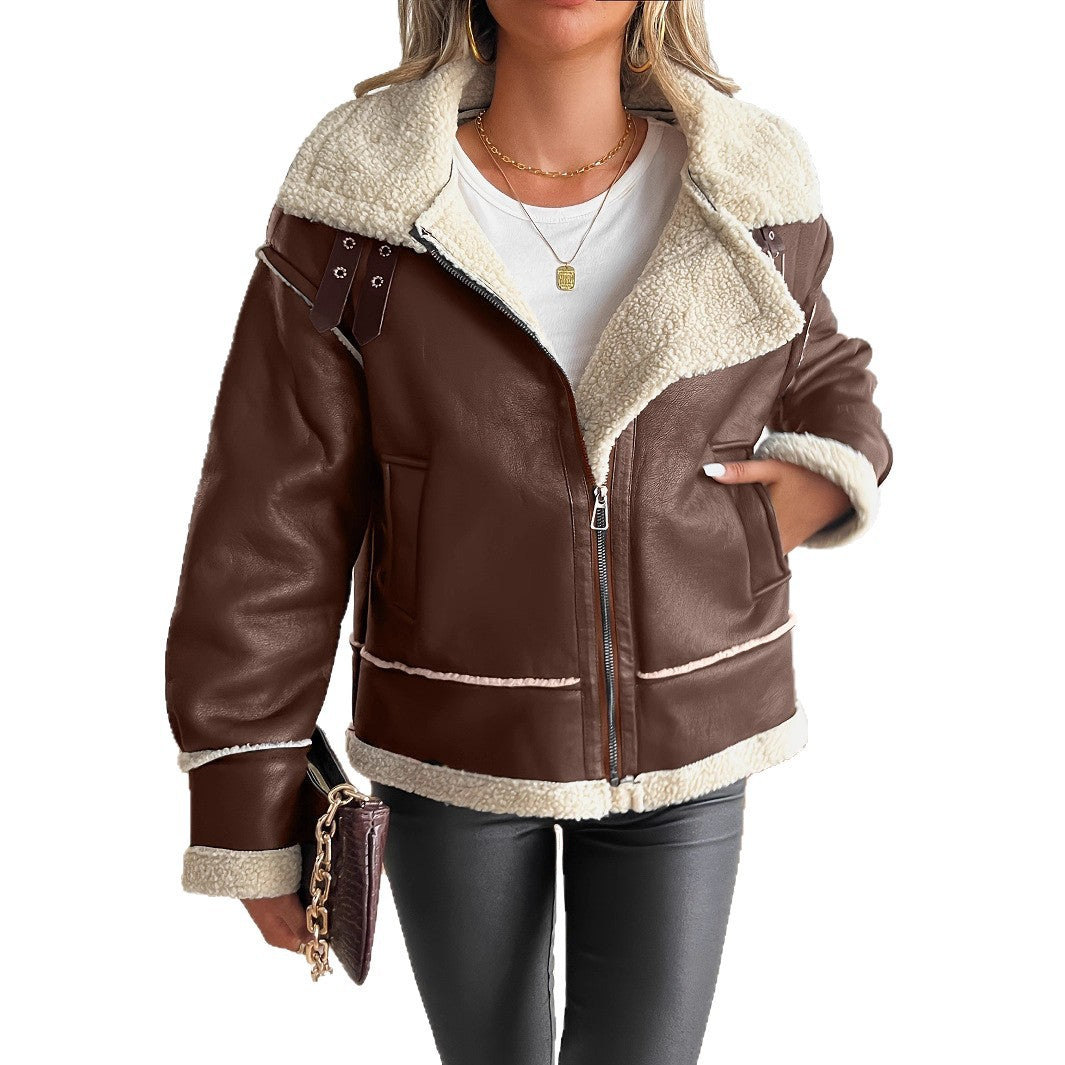 Damen Modische Kunstlederjacke mit Teddyfutter – Célinea