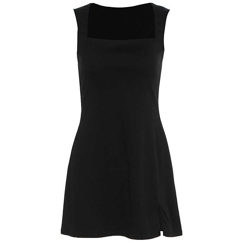 Damen Elegantes ärmelloses Kleid mit quadratischem Ausschnitt und hohem Schlitz Echo Archiv