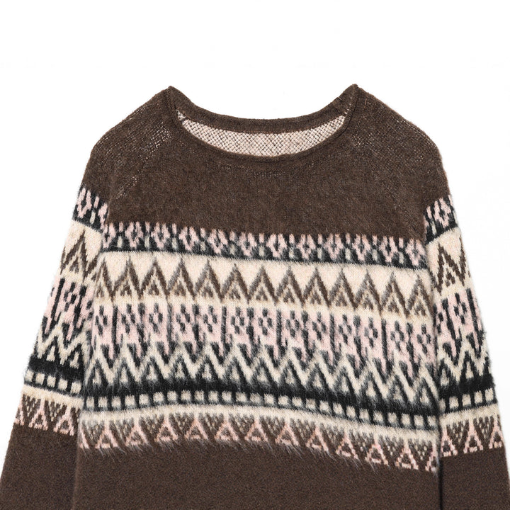 Damen Norwegerpullover aus Mohairmix mit Rundhalsausschnitt, lockerem Schnitt und Jacquardmuster – Mavelle