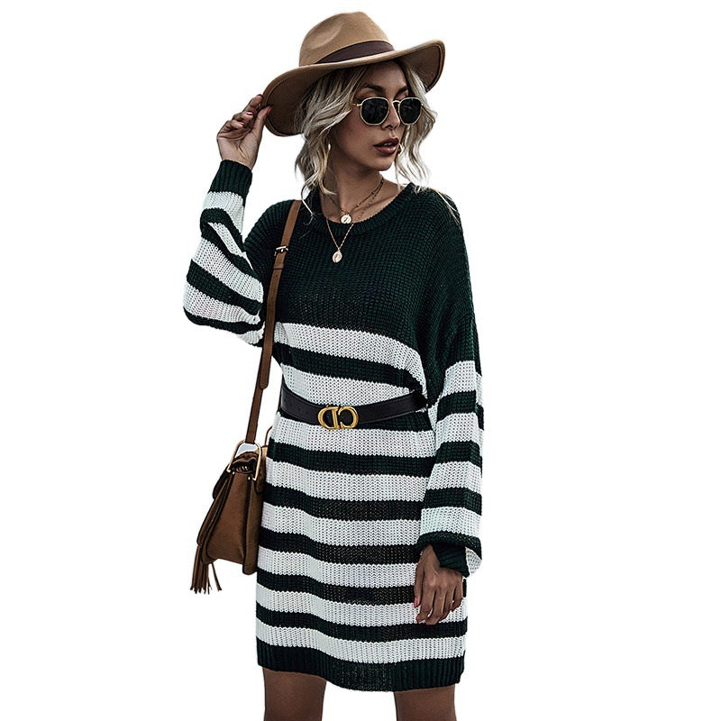 Damen Modisches Strickkleid mit gestreiftem Design Echo Archiv