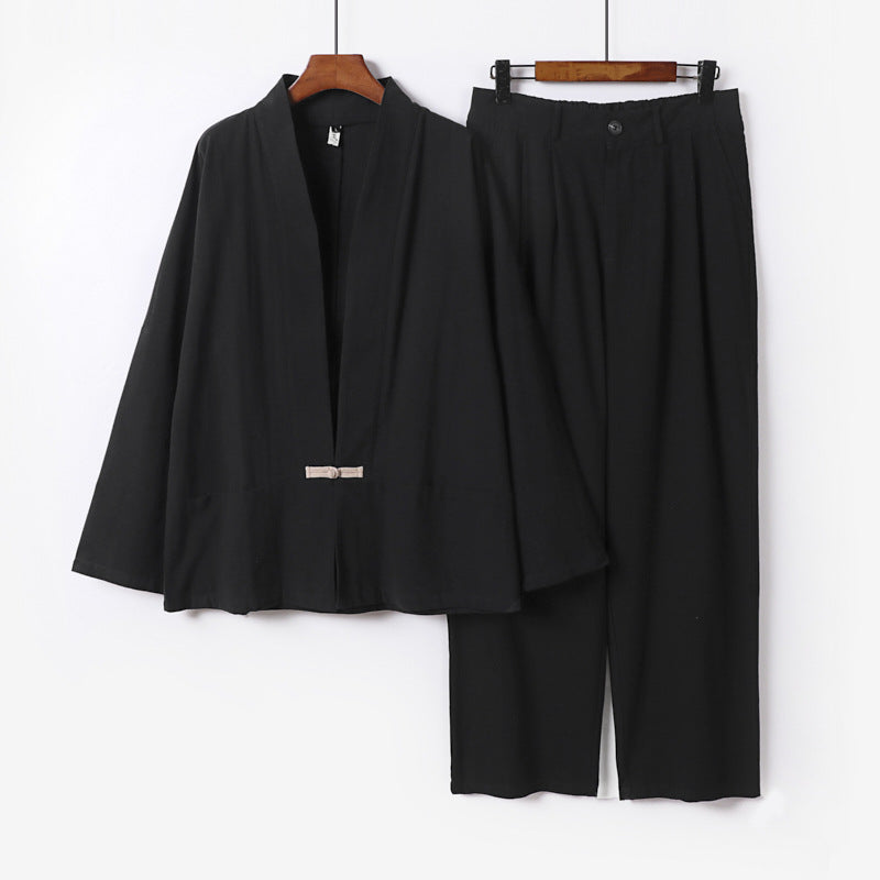 Damen Kimono-Lounge-Set aus leichtem Viskose-Leinen mit dekorativem Knebelverschluss und weiter Bundhose Echoarchiv
