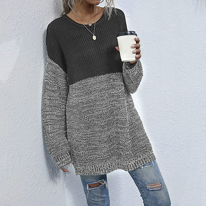 Damen Oversize Strickpullover mit Colorblock-Optik, rundem Ausschnitt und melierter Strukturstrick Echoarchiv