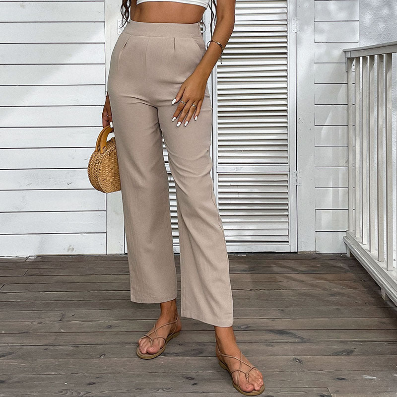 Damen Leichte Leinenoptik-Hose mit hoher Taille und geradem Bein Echoarchiv