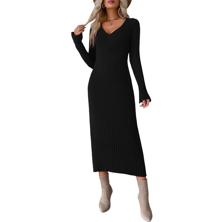 Damen tailliertes Rippstrick-Midikleid mit tiefem V-Ausschnitt, figurformender Nahtführung und langen Ärmeln – Élara