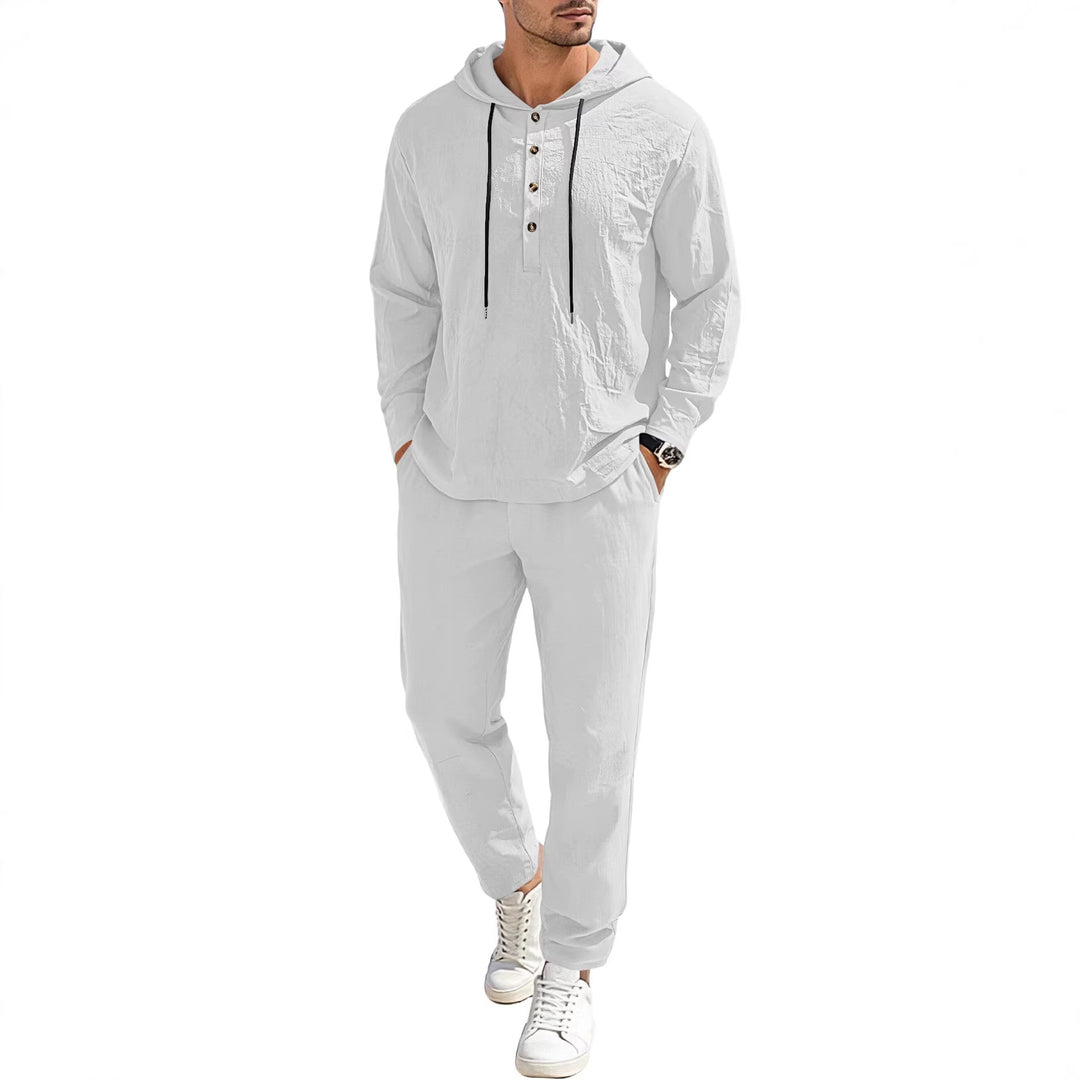 Herren nan entspannter Kapuzen-Henley Freizeitanzug aus leichter Baumwollmischung in Leinenoptik mit Kordelzug und elastischer Bundhose Echo Archiv