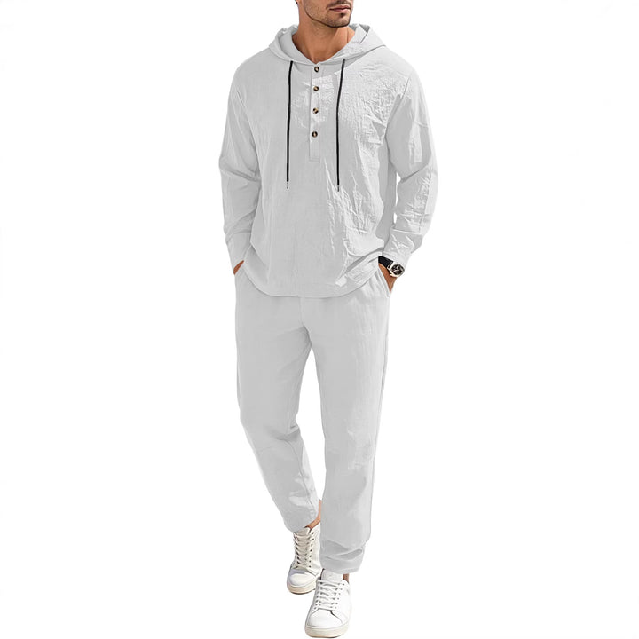 Herren nan entspannter Kapuzen-Henley Freizeitanzug aus leichter Baumwollmischung in Leinenoptik mit Kordelzug und elastischer Bundhose Echo Archiv