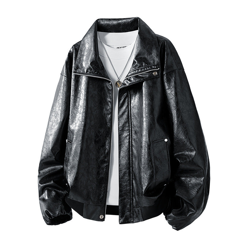 Herren Oversize Kunstleder‑Fliegerjacke mit breitem Umlegekragen, Zwei‑Wege‑Reißverschluss & gerippten Abschlüssen Echoarchiv