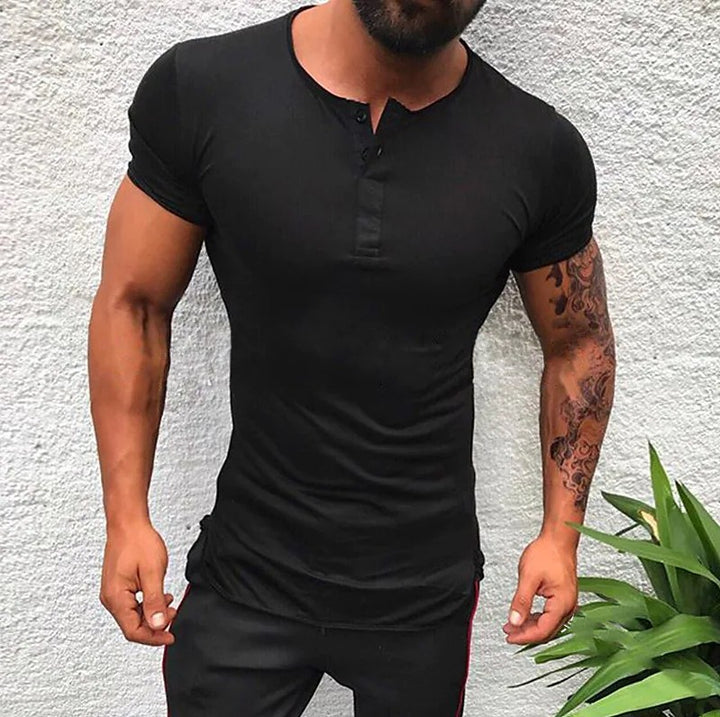 Herren Kurzarm Henley-Shirt mit figurnahem Schnitt und anpassbarem Kragen Echoarchiv