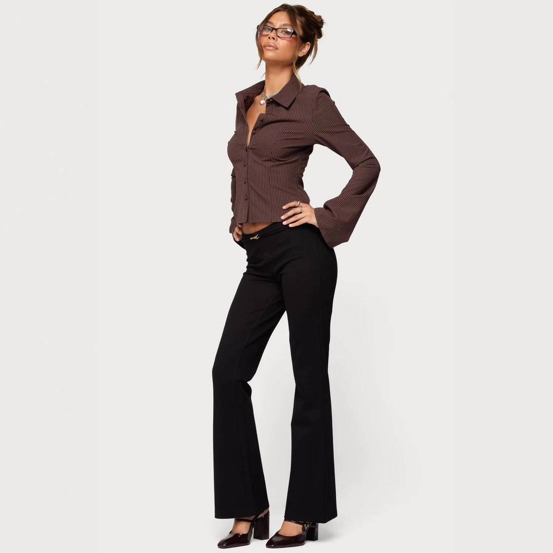 Damen Ripp-Optik Bluse mit elegantem Kragen und schmalem Schnitt Echo Archiv