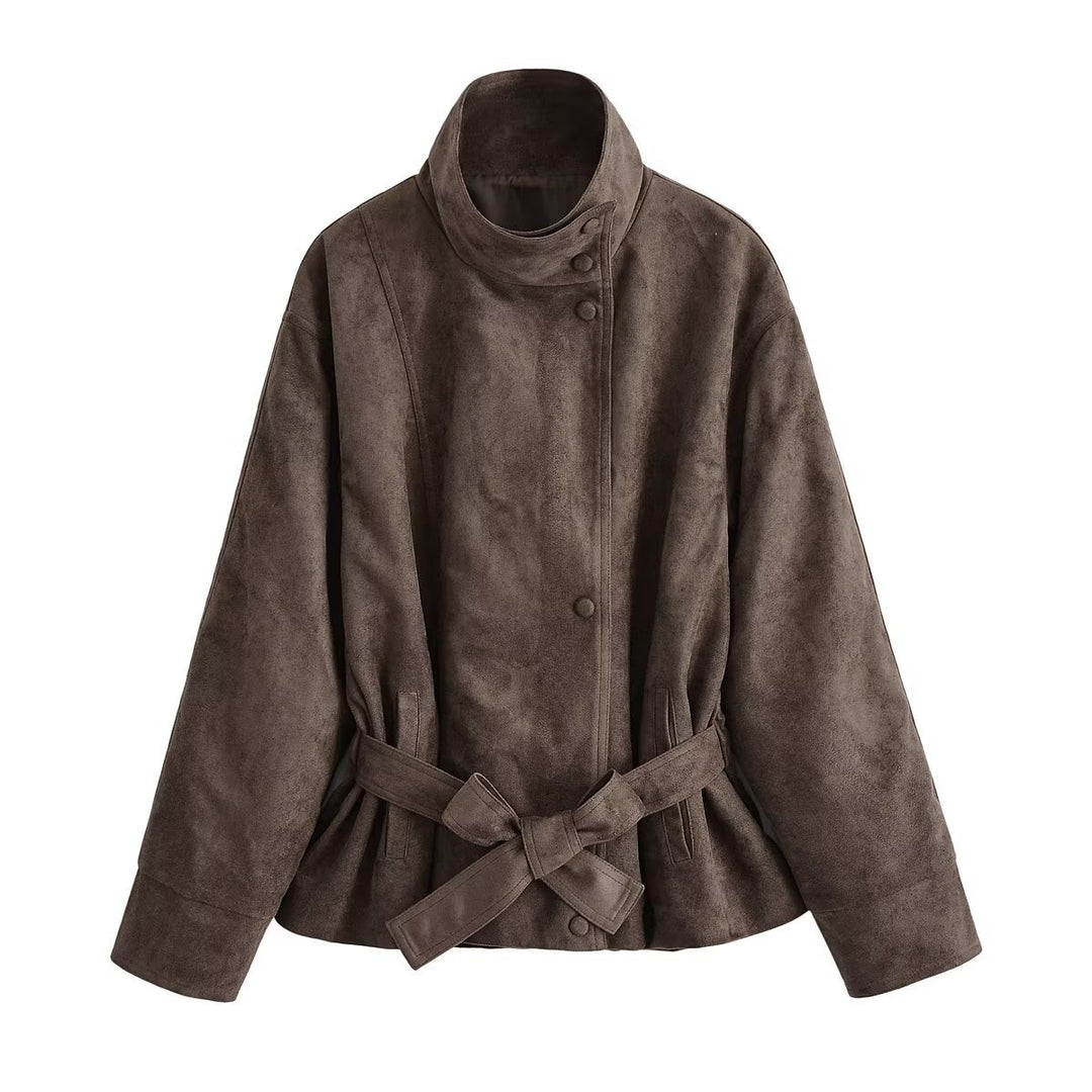 Damen Kurzjacke in Wildleder-Optik mit Stehkragen und Bindegürtel Echo Archiv