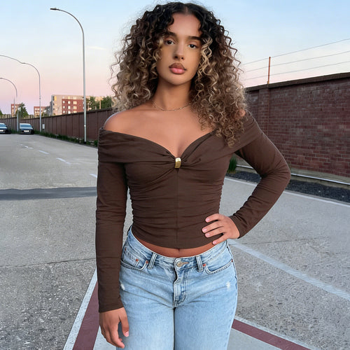 Damen Schulterfreies gerafftes Langarm-Cami mit Zierclip Echo Archiv