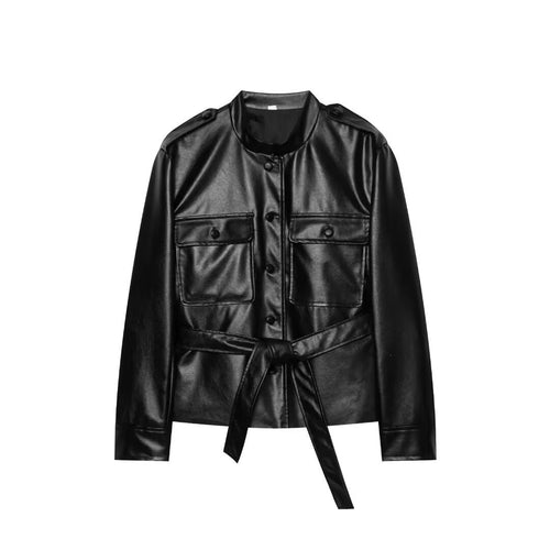 Damen Cropped Safari‑Jacke aus veganem Leder mit Bindegürtel und Epauletten Echo Archiv