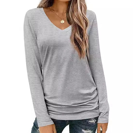Damen Figurbetontes V‑Ausschnitt Langarmshirt aus Stretch‑Jersey mit leicht gerafftem Saum Echo Archiv