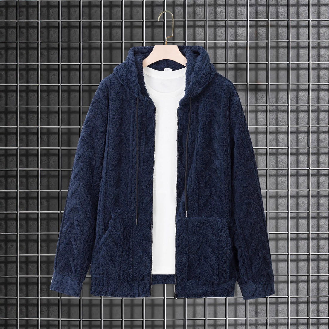 Herren kuschelige Kapuzenjacke aus Teddyfleece mit durchgehendem Reißverschluss und Kängurutaschen – Cavarno