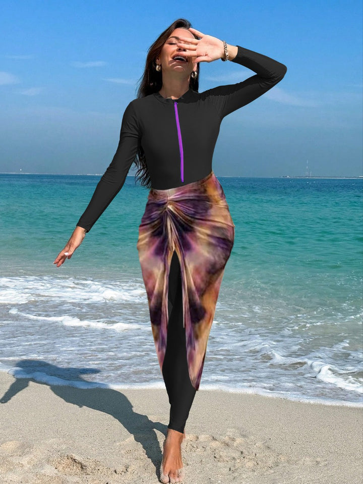 Damen modischer Langarm-Badeanzug mit elegantem Wickelrock Echo Archiv