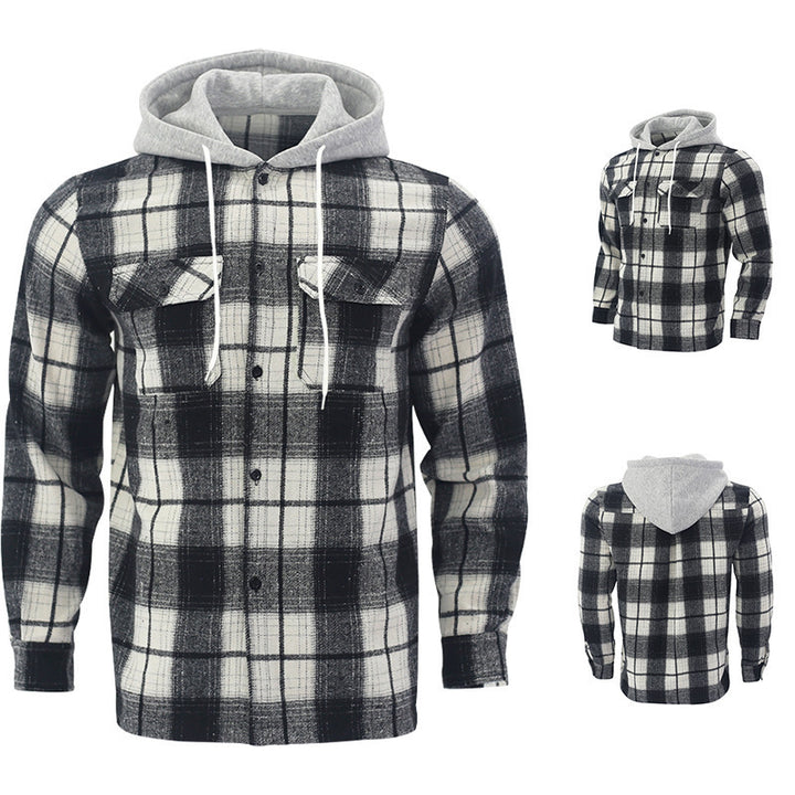 Herren Karierte Flanelljacke mit Hoodie und zwei Brusttaschen Echoarchiv
