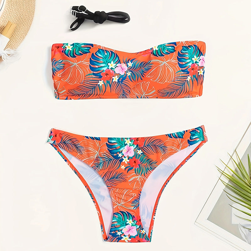 Damen Bandeau-Bikini mit tropischem Muster und elastischem Unterteil Echo Archiv
