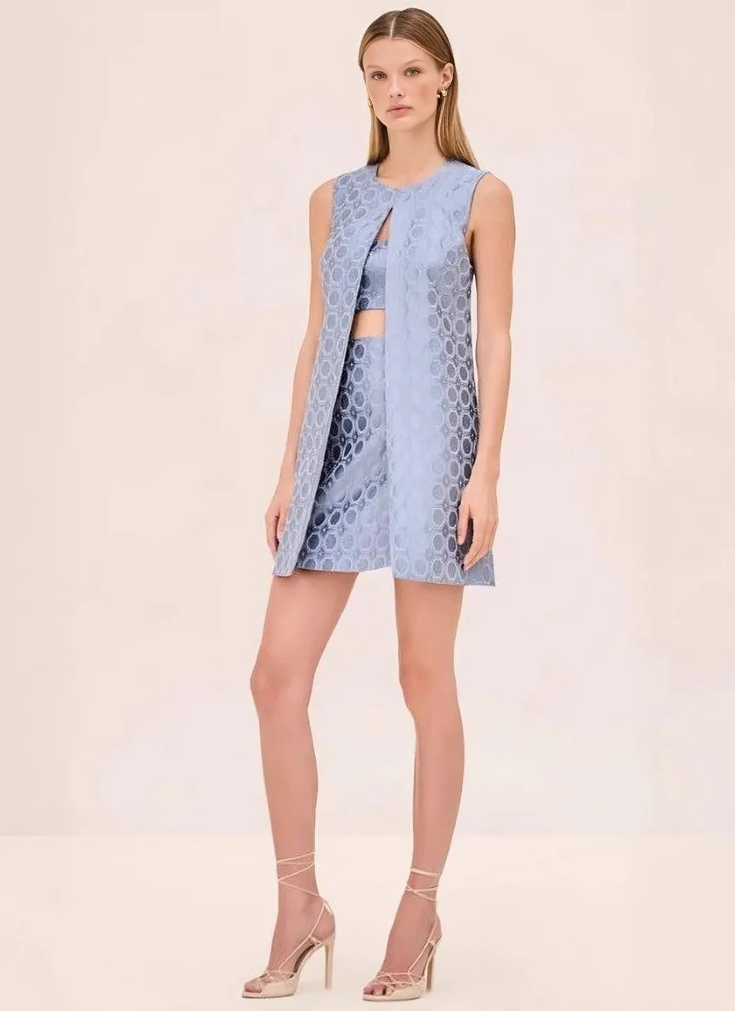 Damen nan Jacquard-Zweiteiler mit ärmelloser Longweste und tailliertem Bustier-Minikleid Echo Archiv