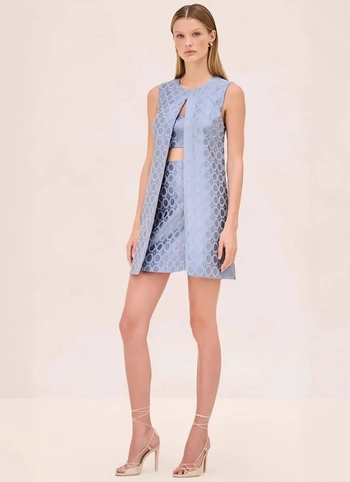 Damen nan Jacquard-Zweiteiler mit ärmelloser Longweste und tailliertem Bustier-Minikleid Echo Archiv