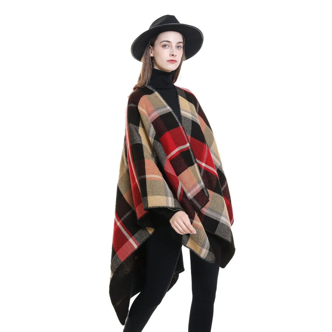 Damen Oversize-Rechteckponcho im Cape-Look mit Kettelsaum und Karomuster Echo Archiv