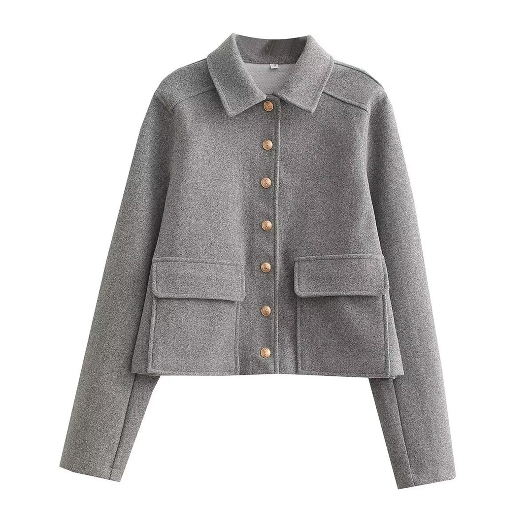 Damen kurze Wolljacke mit goldknopffront, aufgesetzten Klappentaschen und taillierter Silhouette – Célinea