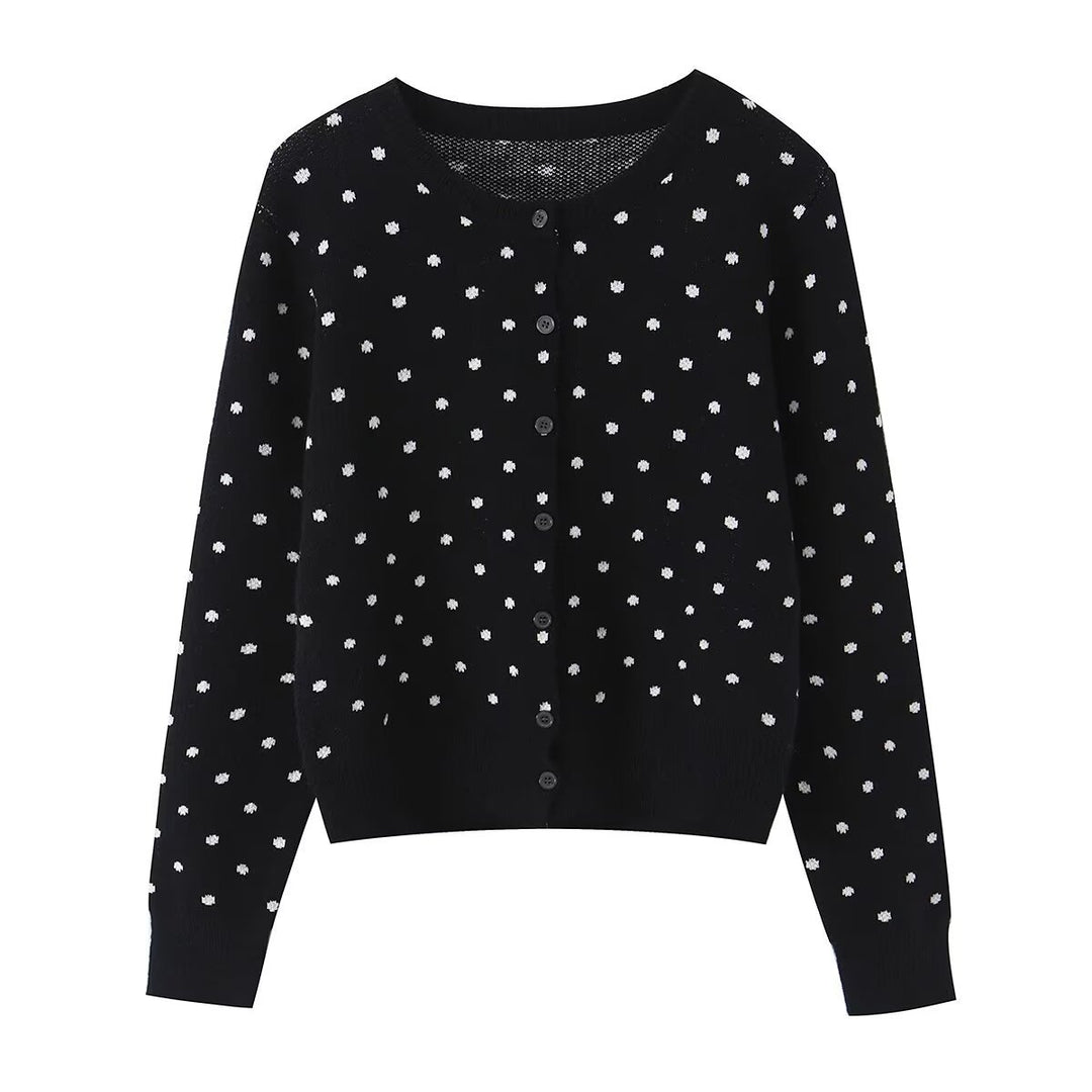 Damen Kurz geschnittene fein gestrickte Cardigan mit Rundhalsausschnitt, Knopfleiste und Allover‑Punktmuster Echo Archiv