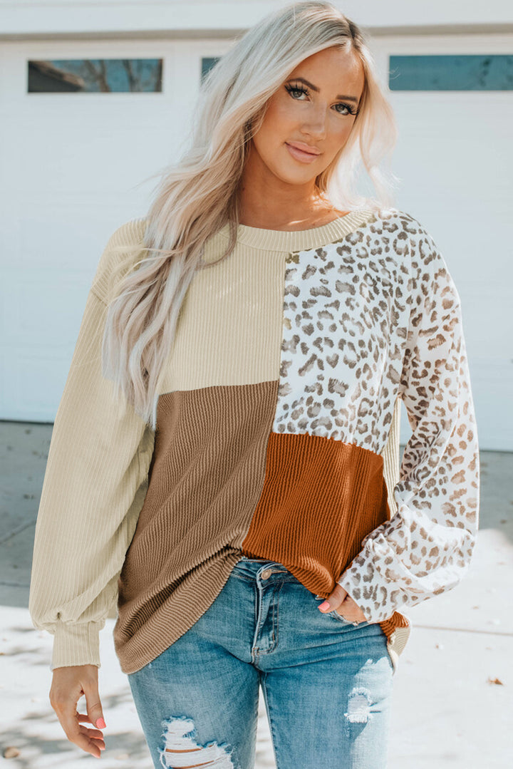 Damen Patchwork-Strickpullover mit Leopardenmuster, Rippstruktur und Ballonärmeln Echo Archiv