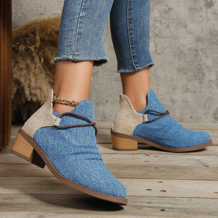 Damen Kurzstiefelette mit Leoparden-Print, Canvas-Obermaterial, dekorativem Flechtriemen und niedrigem Blockabsatz Echo Archiv