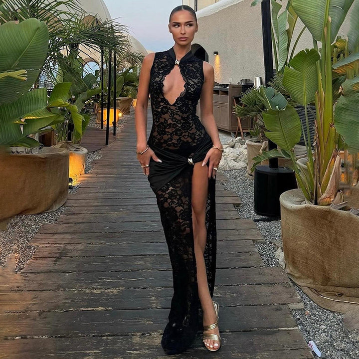Damen Transparente Spitzenkleid mit elegantem Drapierungsdesign Echo Archiv